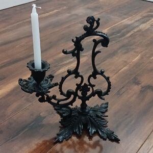 Vintage Elegant Black Iron Candle Holder Art Leaf Candlestick Collectible